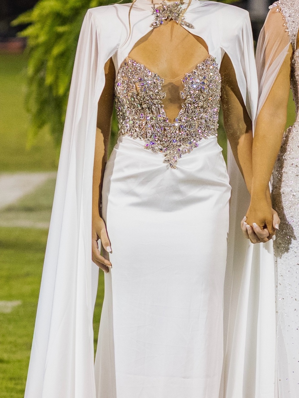 White Beaded Cape-Back Evening Gown